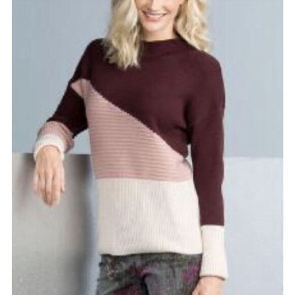 89th & Madison Colorblock Sweater Funnel Neck Size Medium Burgundy Pink - Picture 1 of 4